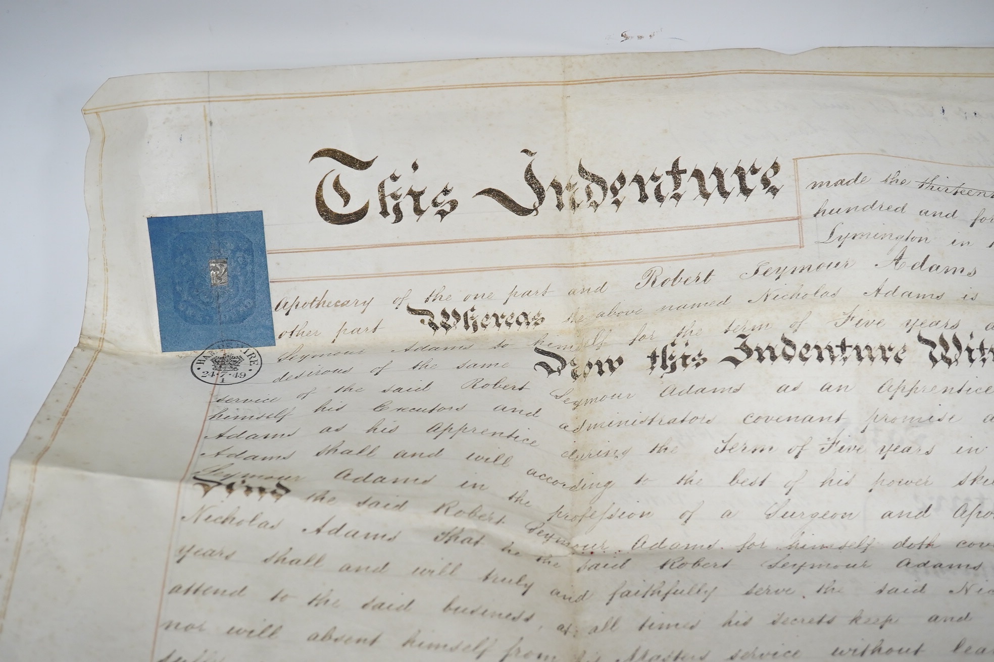 A parchment Indenture of Apprenticeship as a Surgeon and Apothecary between Nicholas Adams and Robert Seymour Adams of Hampshire, dated 1849. Condition - fair